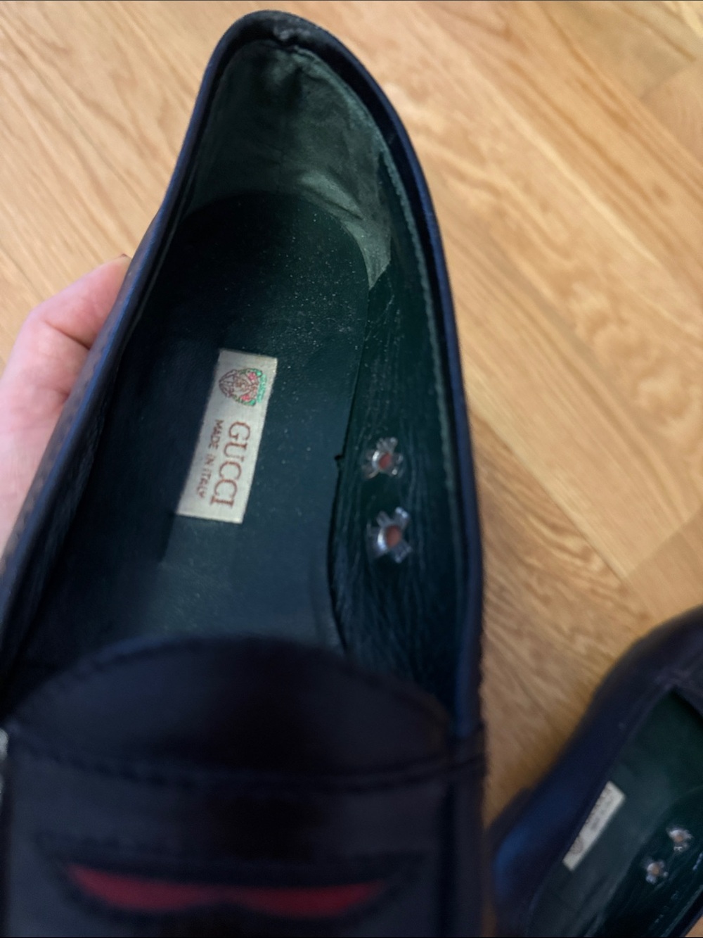 Gucci Navy Leather Penny Loafers with Red Accent - Picture 3 of 4